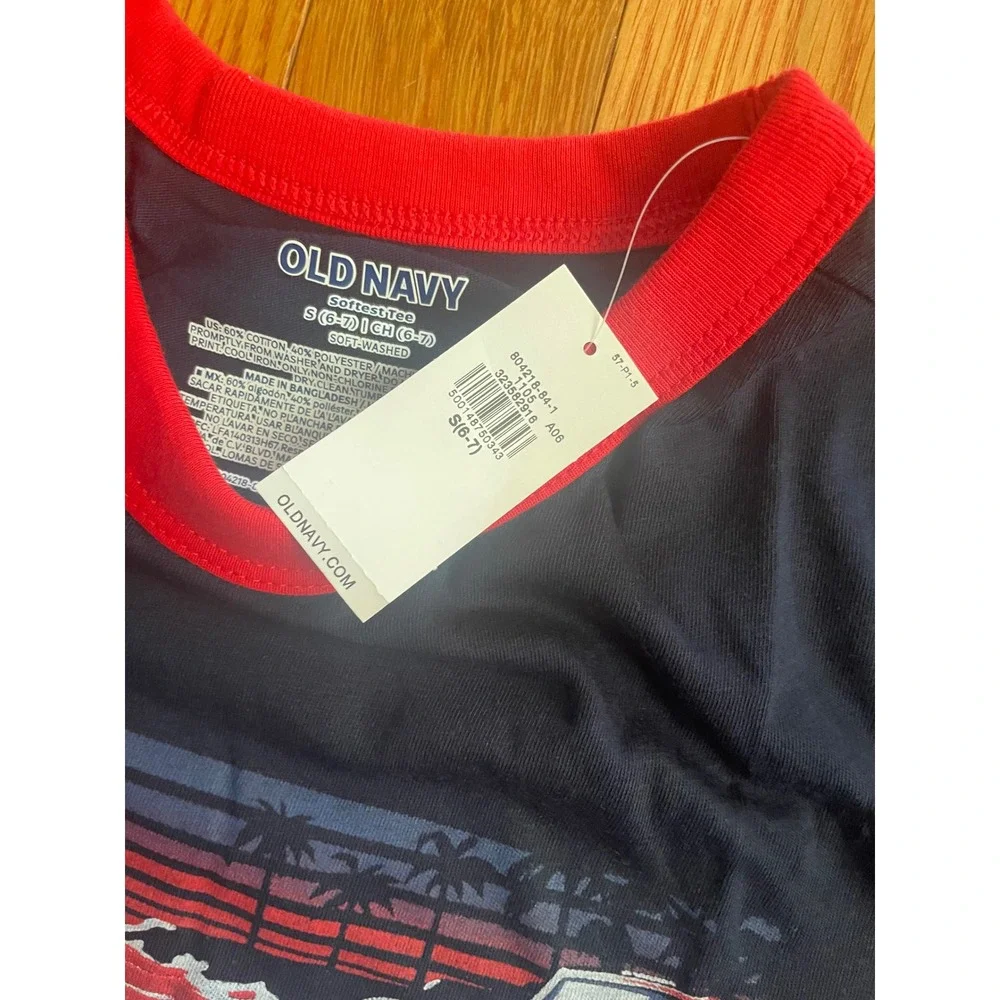 Old Navy Kids Navy Blue Red Ringer Graphic T-Shirt Truck Beach Sunset S 6-7‎ NWT